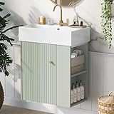 BNSPLY 22 Inch Floating Bathroom Vanity with Sink, Wall Mounted Bathroom Vanity Cabinet with Ceramic Sink, Modern Single Basin Vanities, Small Restroom Basin Cabinet with Right Side Storage, Green
