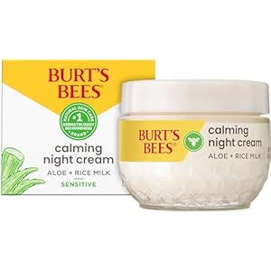 Burt’s Bees Calming Night Cream With Aloe and Rice Milk, Face Moisturizer For Sensitive Skin Infuses Skin With Moisture While You Sleep, 98.8 Percent Natural Origin Skin Care, 1.8 oz. Tub