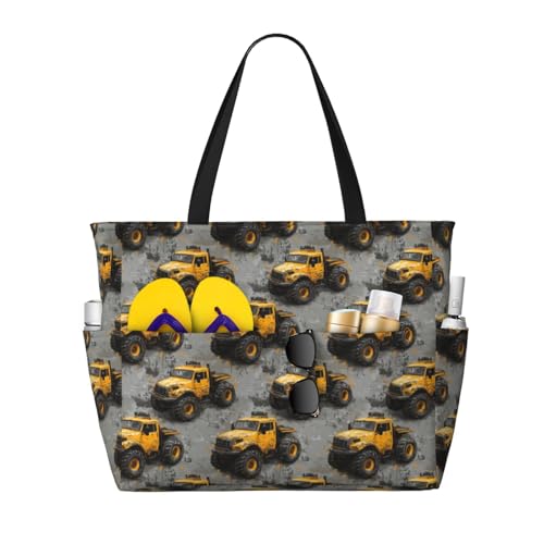 Large Beach Bags for Women Sandproof - Yellow Truck Retro Print Summer Travel Work Tote Bags with Zipper