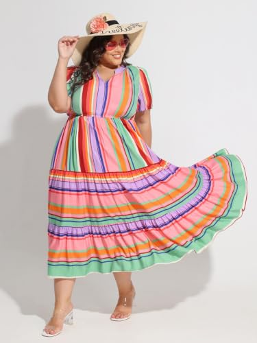 Image of TIYOMI Women Plus Size Dress Boho V Neck Short Sleeve Beach Maxi Dresses Floral /Stripe /Leaves /Lemon XL-5XL