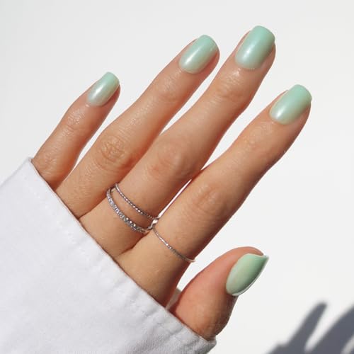 Glamnetic Press On Nails - Short Squoval Fake Nails, Mint Green Glazed Nails, Honeydewy | 15 Sizes -...