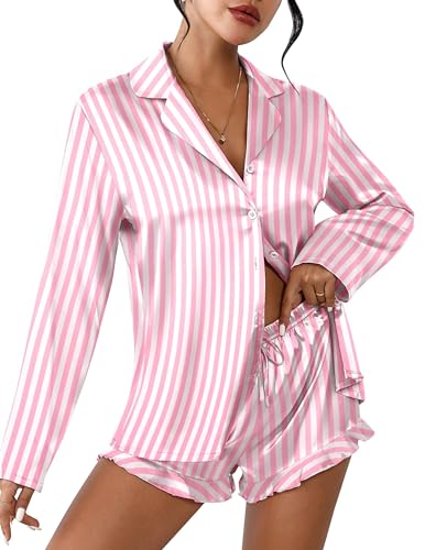 Image of Ekouaer Womens Satin Pajama Sets Long Sleeve Top and Shorts Lounge Set Button Down Sleepwear