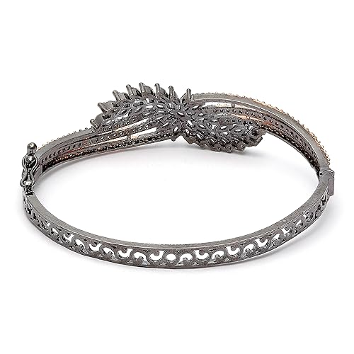 Image of ZENEME Rhodium-Plated Silver Toned American Diamond Studded Contemporary Kada Bracelet For Girls and Women