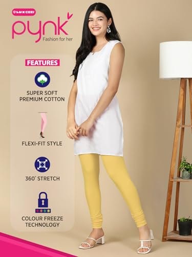 Image of Lux Cozi PYNK Solid Premium Cotton Lycra Churidar Leggings for Women | Regular Fit Elastic Waist Full Length Women Leggings | Free Size