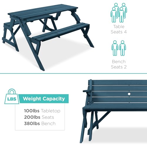 Image of Best Choice Products 2-in-1 Transforming Interchangeable Outdoor Wooden Picnic Table Garden Bench for Backyard, Porch, Patio, Deck w /Umbrella Hole - Harbor Blue