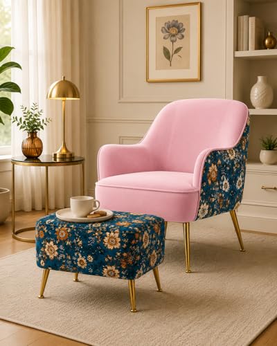 Image of Accent Chair with Ottoman | Modern Velvet Lounge Chair with Floral Designer Back | Upholstered Armchair for Living Room, Bedroom & Cafe | Golden Legs (Baby Pink Floral)