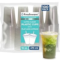 Freshware 16 oz Clear Disposable Plastic Cups with Flat Lids and Straws, 100 Pack Clear Plastic Cups Tumblers, Heavy-duty Party Glasses, Disposable Cups for Thanksgiving, Halloween, Christmas Party