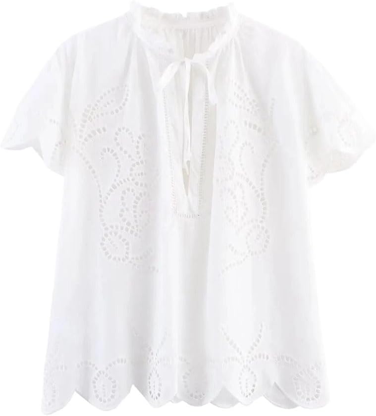 Women's Elegant Embroidery Skirt Set Short-Sleeved V-Neck Shirt