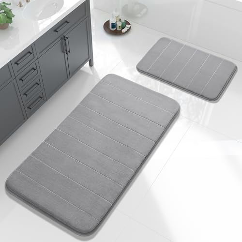 Image of onlyeasy Large Memory Foam Bathroom Mat 2 Pieces Set, Non Slip - Super Water Absorption Soft Bath Mats Rugs,Thick, Dry Fast, Machine Washable for Bathroom Floor Rug, 17x24+44.1x24 Inches, Grey