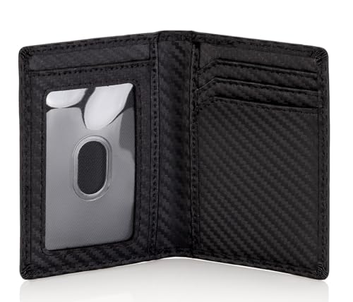 Image of Stealth Mode Men's Slim Front Pocket Wallet - RFID Blocking, Thin Minimalist Design, Genuine Leather - ID Badge Window and 5 Sleeves for Money, Credit Cards, Driver License (Carbon Fiber Leather)
