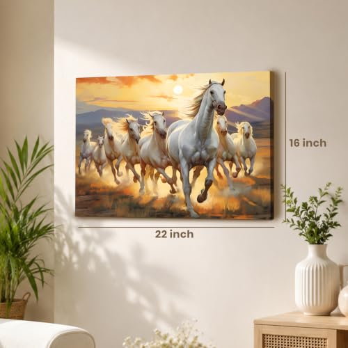 Image of PAINTINGMANTRA 7 White Running Horses Stretched Canvas Painting For Living Room, Vastu Abstract Stretched Canvas Wall Art Painting for Office & Home Decor, 16x22 Inch
