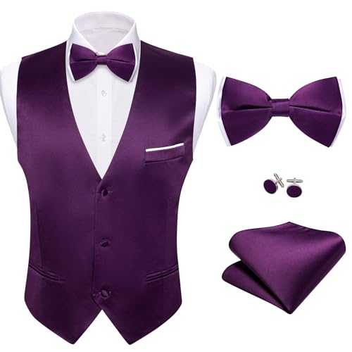 Image of Barry.Wang Mens Suit Vest Bow Tie Set 4PCS Formal V-neck Slim Fit Casual Solid Color Waistcoat Wedding Party Tuxedo