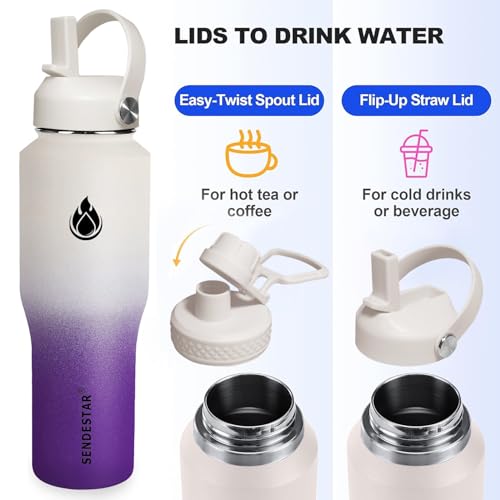 Image of SENDESTAR 32oz Water Bottle Wide Mouth Stainless Steel Vacuum Insulated Double Wall with 2 Straw Lids Fit in Any Car Cup Holder TXIN-32-WV-1