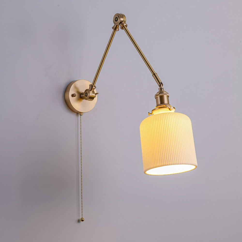 NHPJFDC Adjustable Swing Arm Wall Sconce Retro Brass Light Fixture Post Ceramics Lampshade Sconces with Pull Switch Lamp Vintage Bed T-155