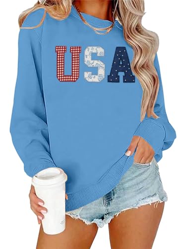 Image of LAZYCHILD USA Sweatshirt Women American Flag Shirt Patriotic TShirt Stars Stripes Pullover 4th of July Tee Tops
