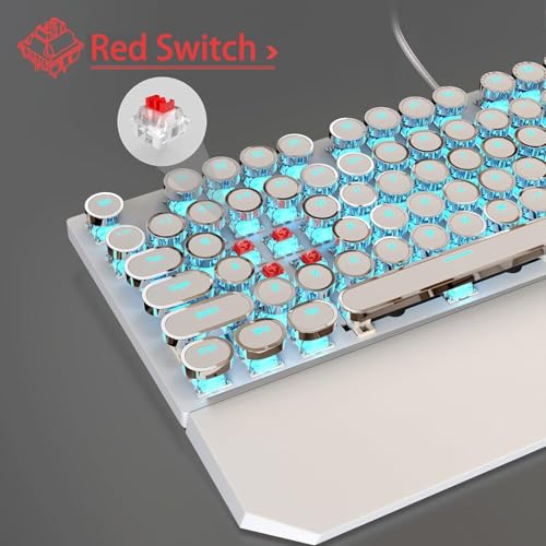 Image of MageGee MK-Storm Typewriter Mechanical Gaming Keyboard and Mouse Combo, Retro Punk Round Keycap Blue LED Backlit USB Wired Computer Keyboard for Game Red Switches(White)