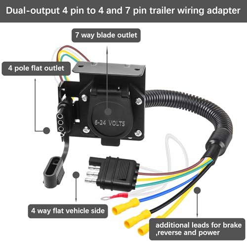 Image of 4 Way Flat to 7 Way Blade and 4 Pin Flat Trailer Wiring Adapter,7 pin Trailer Connector,Truck Trailer Plug,Dual-Output 7 and 4 Trailer Light Connector with Mounting Bracket for Truck RV