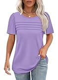 Womens Short Sleeve Tops Dressy Casual Summer Tshirts Shirts Fashion Trendy Pleated Plus Size Women Blouses Plain Round Neck Purple M