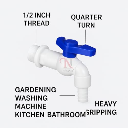 Image of Plastic Nozzle Cock Tap with Blue Handle (Pack of 5) - Heavy Duty Leak-Proof Water Pipe Connector for RO System, Tank, Garden & Bathroom Use | Durable Plastic Valve Tap