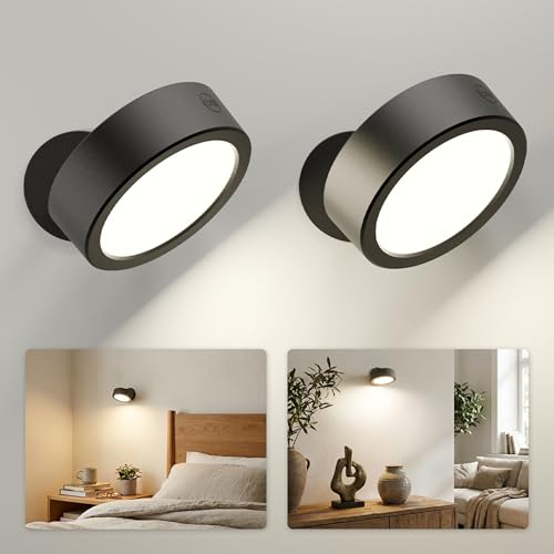 EZVALO LED Wandleuchte Innen mit 3000mAh Akku 2 Stück Wandlampe Kabellos mit Fernbedienung 360 Drehbar 3 Farbmodi Touch Control für Kinder Wohnzimmer Schlafzimmer (Groß)