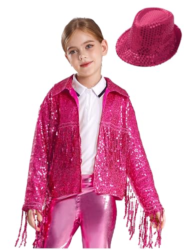 Kids Girls Sparkly Jazz Dance Outfit Tassel Jacket Long Sleeve Open Front Coat Outwear with Sequin Hat