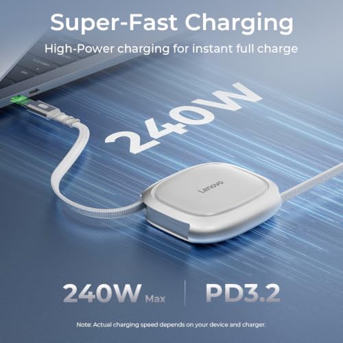 Image of Lenovo 240W USB-C Retractable Cable, 4ft, 5W-240W Adaptive Charging, GaN Charger Compatible, for Laptops, MacBook, Phones, Tablets, Switch & Power Banks, Tangle-Free, White