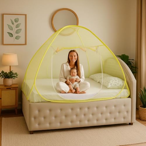 Image of Healthy Sleeping Pop up | Mosquito Net | Double Bed | King Size | Queen Size | Single Bed | Foldable Machardani | Polyester 30GSM Strong Net (Yellow)