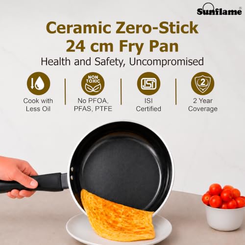 Image of Sunflame Ceramic Non-Stick Fry Pan 24 cm with Glass Lid | No PFOA, PFAS, PTFE | Induction and Gas Stove Compatible | 2 Year Warranty by Sunflame | Requires Less Oil, Easy to Clean, Prevents Burning