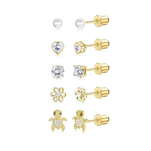 MILACOLATO 6Pares Pendientes Niña Mujer Hipoalergenicos Pendientes Tuerca Acero Quirurgico Rosas CZ Corazón Flor Aretes Antialergicos Tornillo Trasero Pendiente Tragus Cartilago Zarcillos Joyería oro