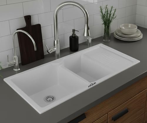 Image of ARQUIN Double Bowl Quartz With Drainboard Kitchen Sink 45x20x9 Inch | Undermount,Topmount | Including Coupling,Sink Connector,Waste Pipe & Fruit Washing Basket