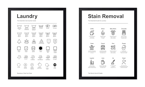 Poster Master 2-Piece Essential Guide for Laundry Print - Stain Removal Poster - Infographic Art - Black & White Design - Symbols & Instructions Art - Laundry Room Decor - 8x10 UNFRAMED Wall Art