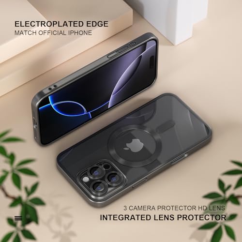 Image of Misea Magnetic for iPhone 16 Pro Max Case Compatible with MagSafe | Never Yellowing, Military Drop Protection, Full Camera Lens Protector Plating Soft Clear Phone Case for Women, Titanium Black