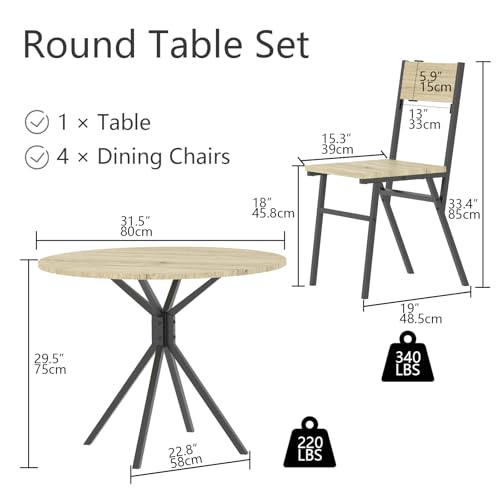 Loomie Round Dining Table Set for 4, 31.5\" Small Round Kitchen Table with 4 Chairs, 5 Piece Dining Room Table Set with Steel Legs, Space-Saving Dinner Table, Coffee Table for Small Space