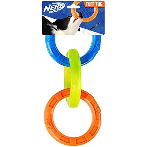 Nerf Dog Rubber 3-Ring Tug Dog Toy, Lightweight, Durable and Water Resistant, 10.5 Inches, For Medium/Large Breeds, Single Unit, Blue/Green/Orange Cover