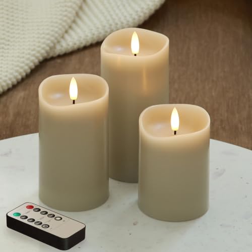 Image of Beige LED Real Tan‑Wax Flameless Battery‑Operated Pillar Flickering Candles
