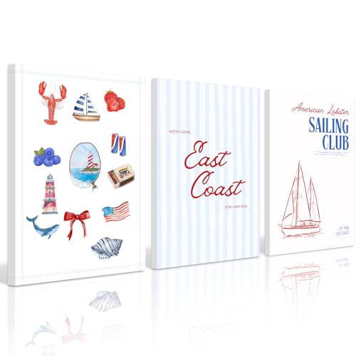 Coastal Wall Art Preppy Aesthetic Wall Decor Trendy East Coast Wall Art Watercolor Sailboat Prints Vintage Beach Pictures Coastal Poster for Living Room Bedroom 12x16 Inch Ready to Hang Set of 3 by Baccone - Used condition - US$18.47