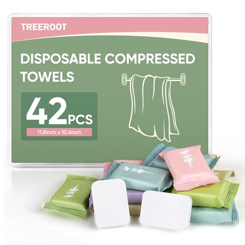 Treeroot 42 Pcs Disposable Compressed Towels Disposable Washcloths for Adults Disposable Towels for Travel Thicker Super Absorbent Wash Cloths for Travel Essentials for Outdoor Camping Hiking