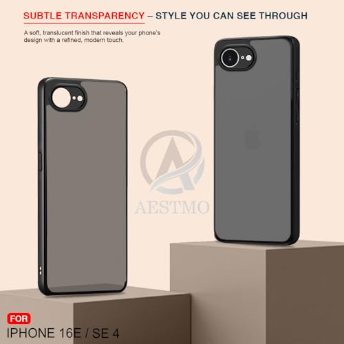 Image of AESTMO iPhone 16E / SE 4 Back Cover | 360 Protection | Matte Frosted Hard Back Translucent | Bumper Case for iPhone 16E / SE 4 (Smoke Black Matte PC+Black TPU Bumber)
