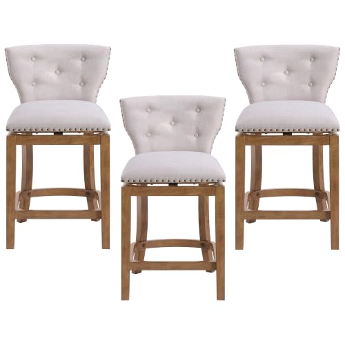 Image of ROME + OAK Carlynd 26 inch Swivel Counter Stool, Weathered Oak, Set of 3 | Low Back Kitchen Barstool with Sand Fabric Upholstered Seat for Counter Height Dining