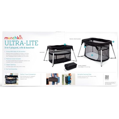 Munchkin Ultra-Lite 3-in-1 Playard, Travel Crib and Bassinet for Newborn Babies Up to 24 Months - Lightweight, No Tool Assembly, Mattress Plus Cover Included, Black - image 9