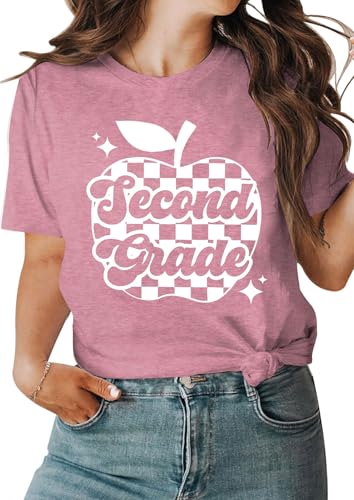 Teacher Shirts for Women First Grade Teacher Shirt Back to School Graphic Tees Casual Elementary Short Sleeve Tops Pink