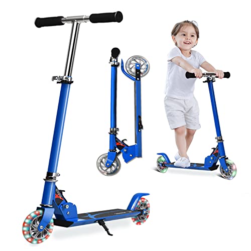 GYMAX Trottinette Enfant, Trotinette Pliable pour Enfants de 4 à 10 Ans de Charge Max 70 KG, Scooter à Hauteur Réglable avec 2 Roues Lumineuses et Frein Roue Arrière, 70 x 31 x 63-86 CM, Bleu