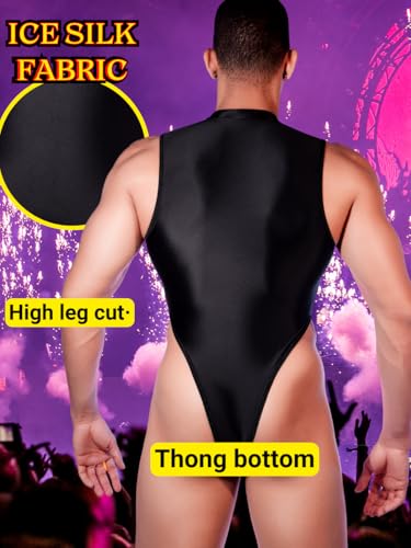 Mens Sexy Lingerie, Hook Crotch Thong High Cut Bodysuit Top Rave Outfit, Glossy Mock Neck Sheer Singlet Muscle Suit3