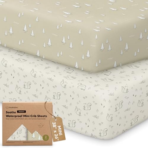 Image of 2 Pack and Play Sheets, Waterproof Mini Crib Sheets Fitted - 38x26 Organic Cotton Pack N Play Sheets for Graco Pack and Play Mattress, Playard Baby Crib Sheets,Neutral for Boy,Girl,Toddler(Pine Grove)