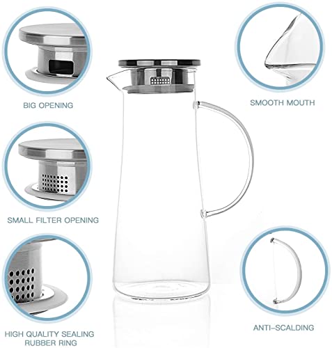 Image of Borosilicate Glass 1.3 LTR Water Jug with Handle, Juice Beverage Carafe with Stainless Steel Lid, Big Glass Iced Tea Pitcher, 1 Pcs Set (Borosilicate 1.3 Liter Stright)