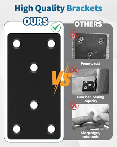 Image of 12 PCS 3.15'' x 1.57'' Stainless Straight Flat Brackets, Black Flat Metal Brace Bracket, Support Flat Metal Brace for Wood Furniture, Mending Plate Connector Joining Bracket for Fence,72 Screws