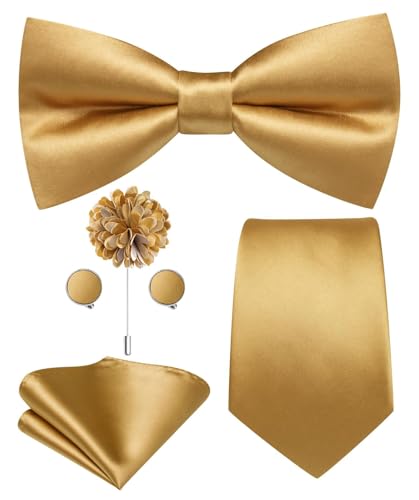Image of Hi-Tie 5Pcs Mens Solid Color Silk Tie Satin Pretied Bowtie Lapel Pin for Men Handkerchief Cufflink Wedding Gift Box