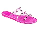 Pajeelo Women Jelly Sandals Flat Studded Shoes for Summer Beach Dressy Clear Pink jellies Slide Rivets Strappy Slip On