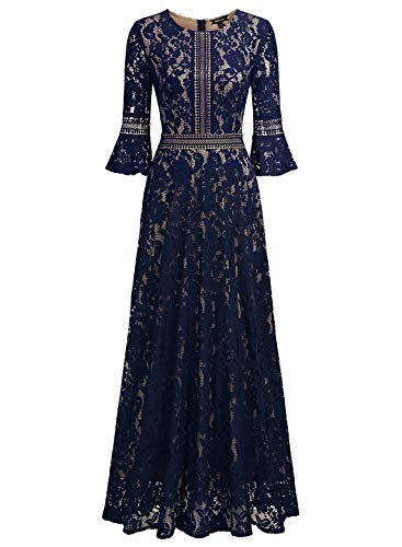 MISSMAY Women's Vintage Full Lace Contrast Bell Sleeve Formal Long Dress, Large, Navy Blue