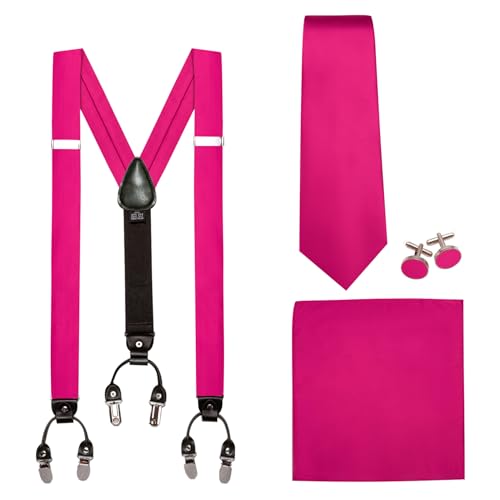 Image of Barry.Wang Men Suspender Set with Necktie Elastic Y Type Heavy Duty 6 Clips Braces Tie Handkerchief Cufflink Pin 6PCS